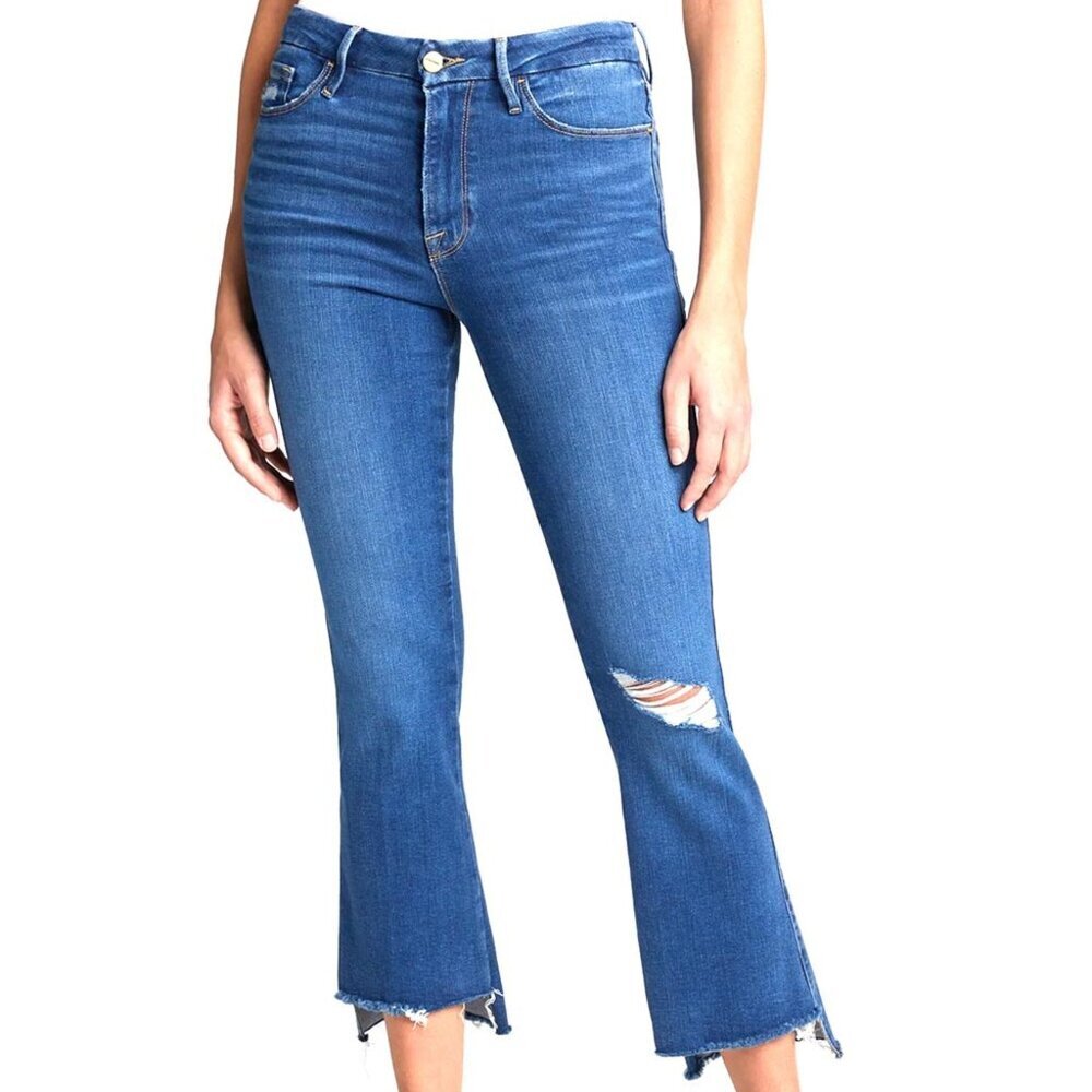 Frame distressed ripped Dark Blue Flared Jeans le crop mini boot 30 - Picture 3 of 14